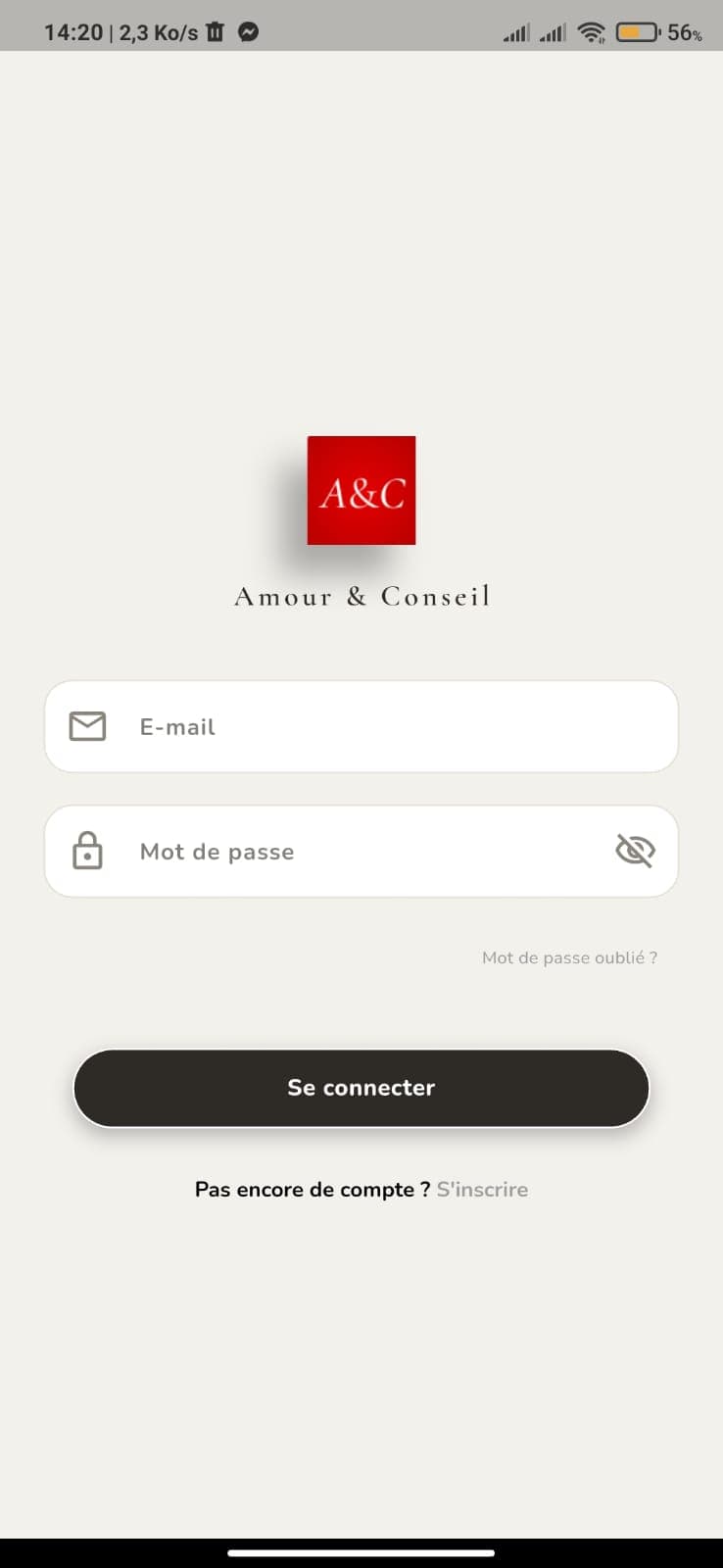Écran de connexion de l'application Amour & Conseil