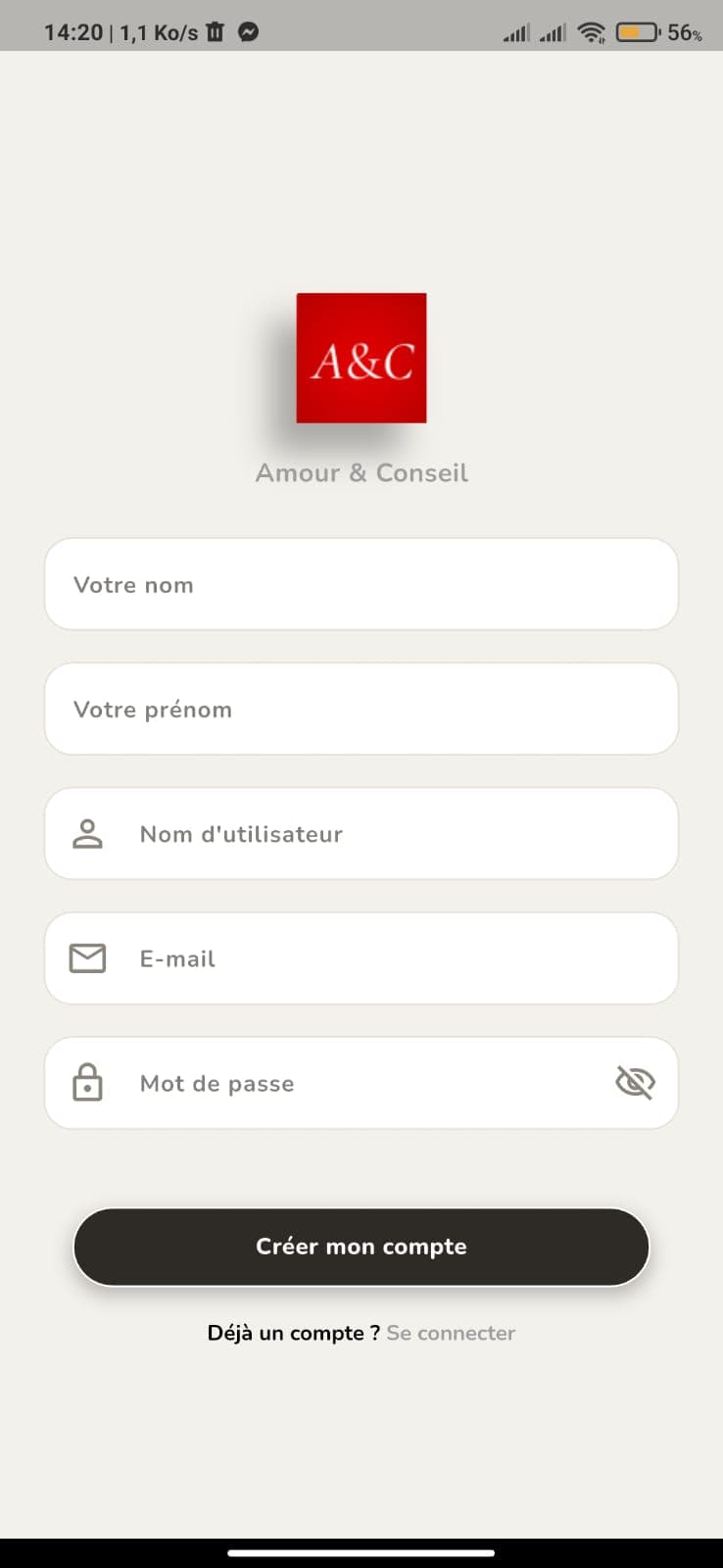 Écran d'inscription de l'application Amour & Conseil